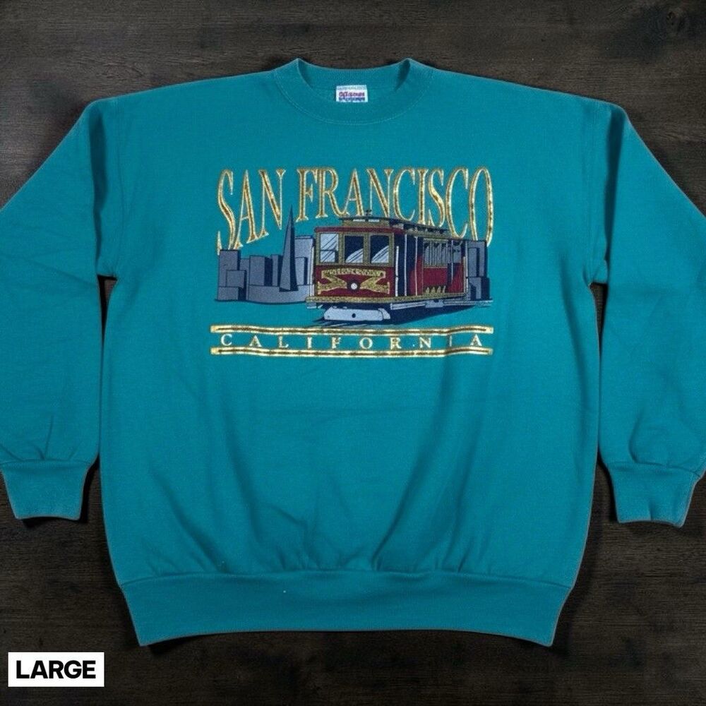 Vintage San Francisco Sweatshirt Mens Large Teal Trolley Graphic Hanes USA 90s